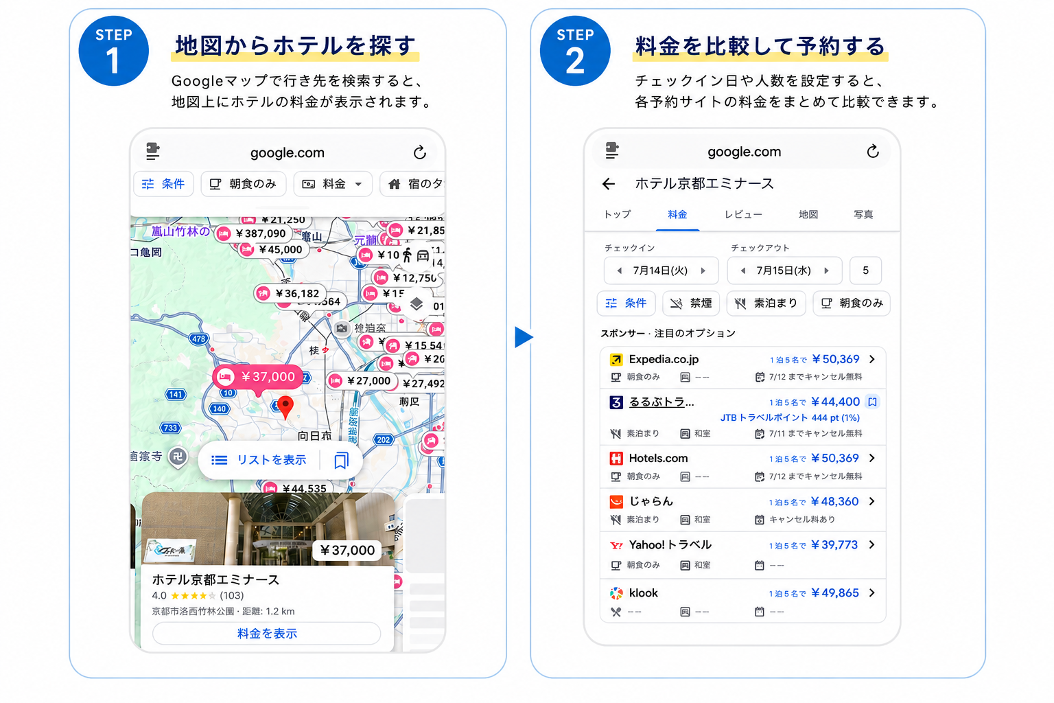 Googleマップで地図からホテルを探し、各予約サイトの料金を比較する画面