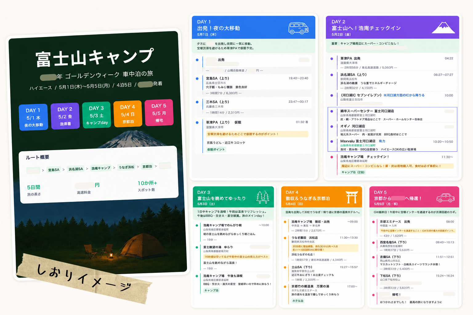 AIで整形した富士山キャンプ旅のしおり（DAY1〜5の行程表）